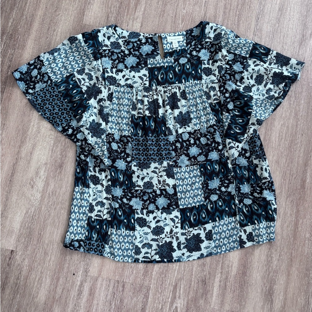 Garnet Hill Black and Blue Patchwork Blouse